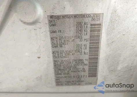 2019 Nissan Rogue S z USA, uszkodzony, nr VIN 5N1AT2MT5KC812371